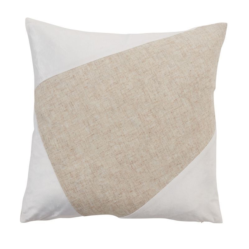 White and Beige Geometric Velvet Throw Pillow with Down Filling