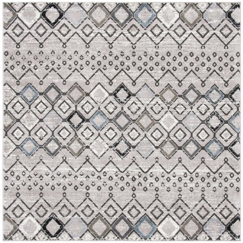 Gray 5'1" Square Stain-Resistant Synthetic Area Rug