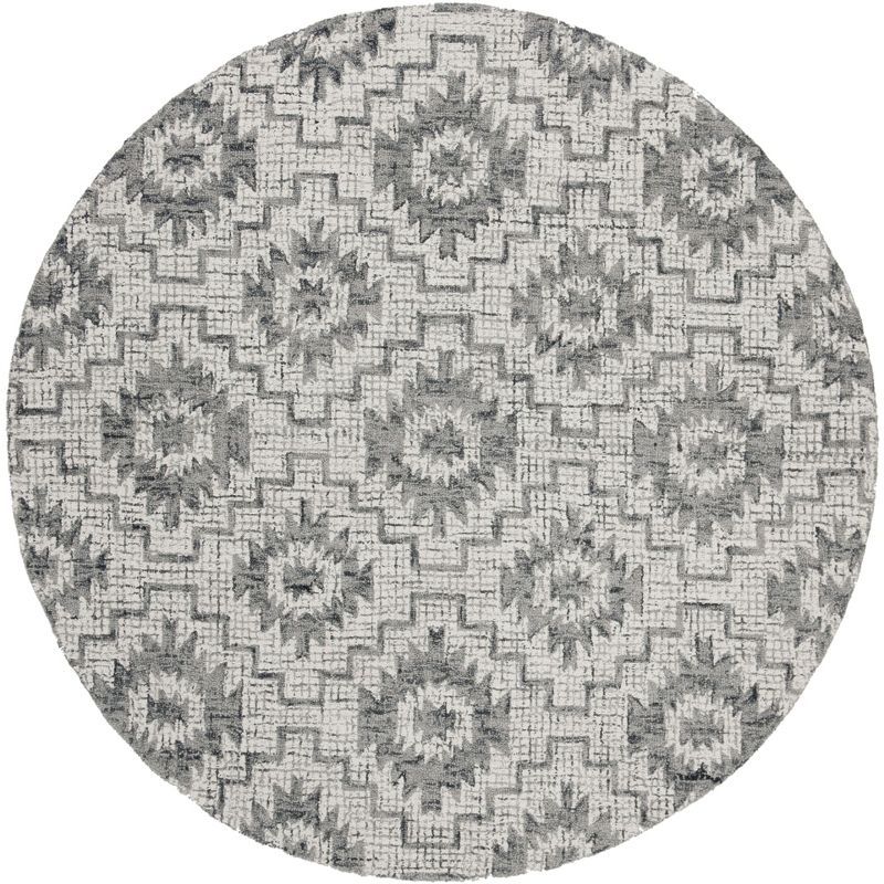 Rustic Gray Abstract Round Tufted Wool Blend Area Rug, 6' Diameter