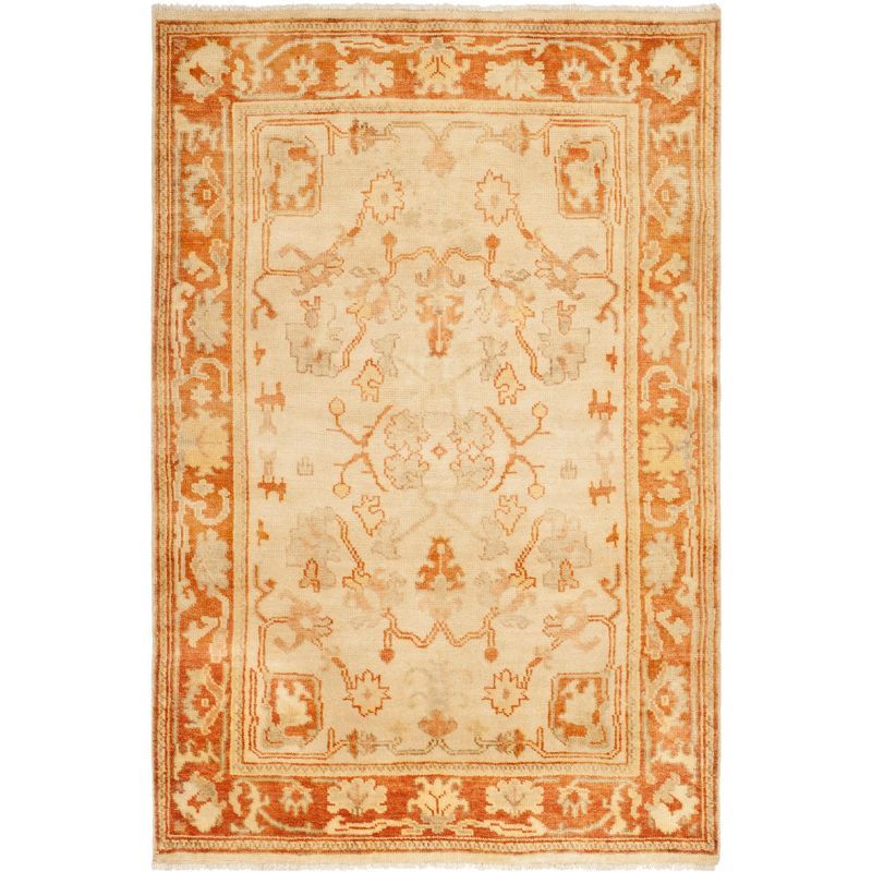 Hand-Knotted Ivory and Rust Wool 4' x 6' Area Rug