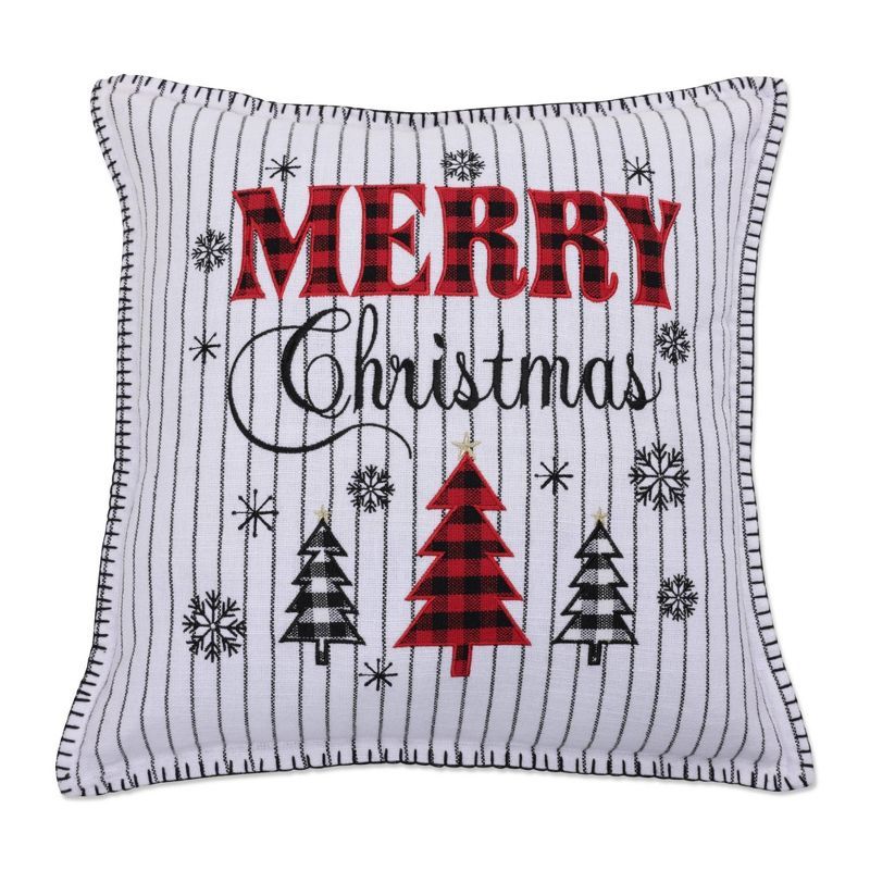 18"x18" White and Black Embroidered Christmas Throw Pillow