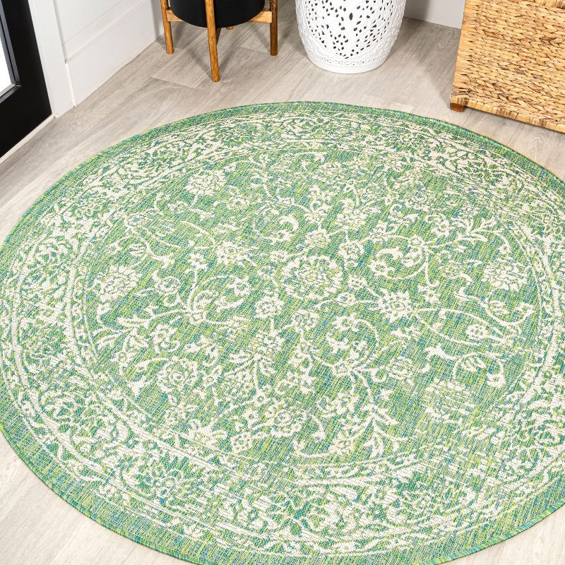 5'3" Round Cream and Green Synthetic Floral Area Rug