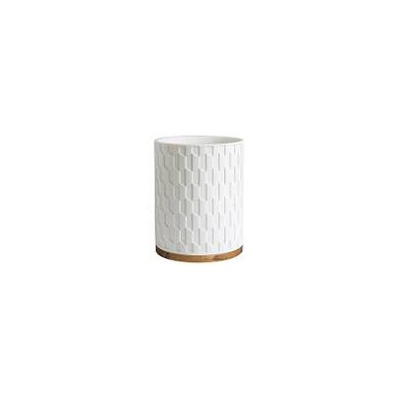 White Geometric Resin Wastebasket with Wood Base