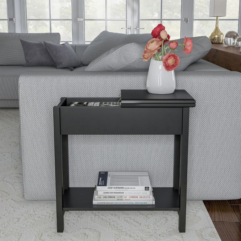 Slim Rectangular Wood and Metal End Table with Storage