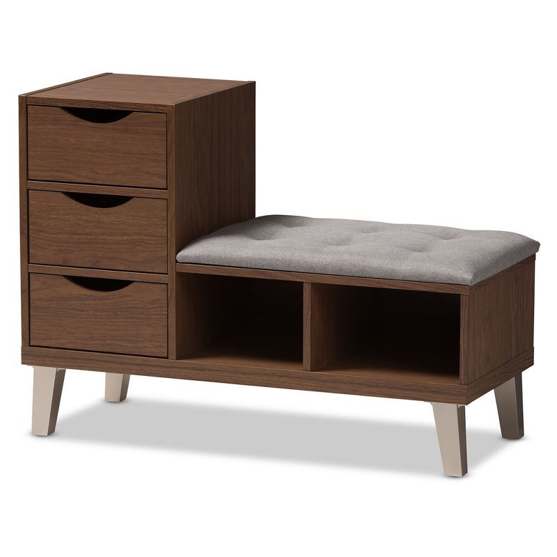 Walnut Wood & Light Gray Fabric 3-Drawer Shoe Storage Bench