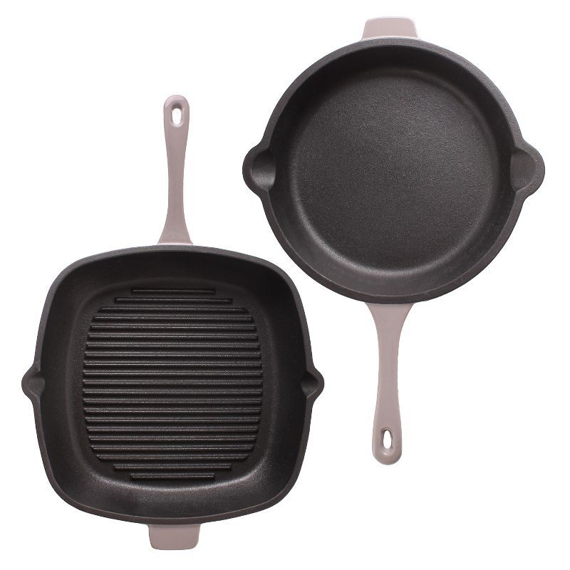 Oyster Enameled Cast Iron 2-Piece Fry and Grill Pan Set