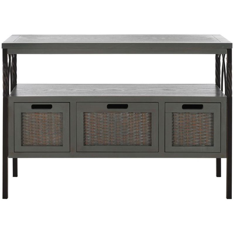 Transitional Gray 3-Drawer Console Table with Wicker Accents