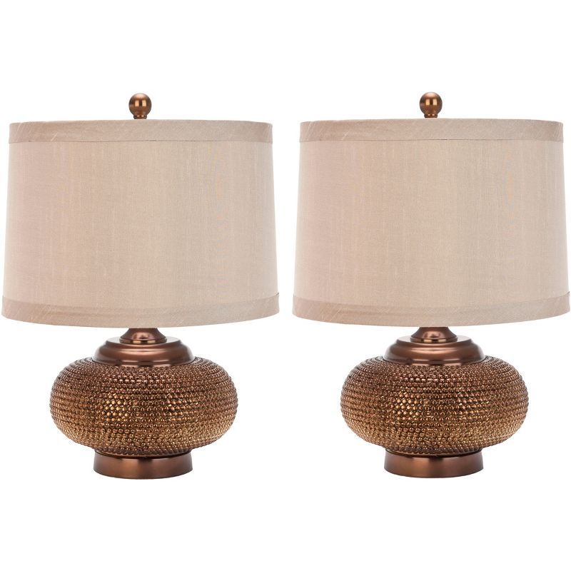 Alexis Copper Beaded Table Lamp Set with Taupe Shades