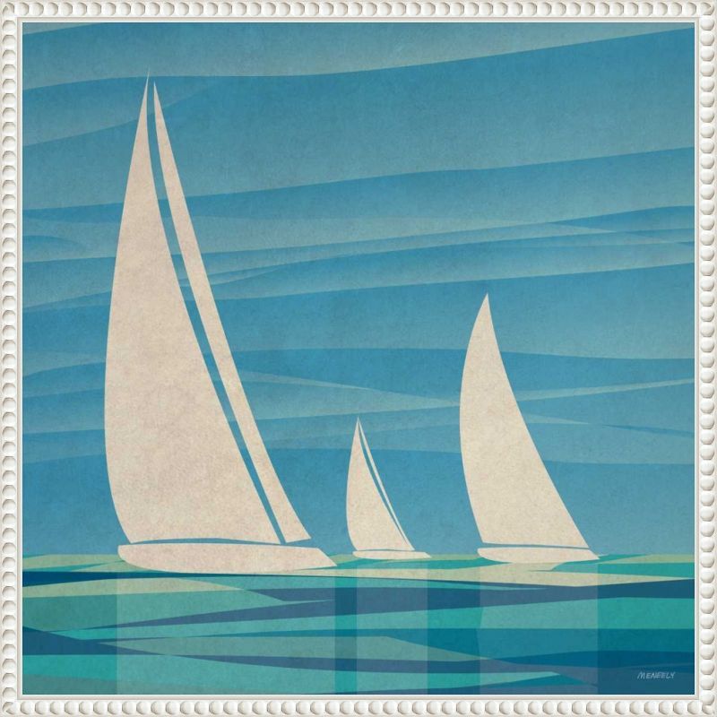 Teal Nautical Sailboat Canvas Print with Beaded Frame