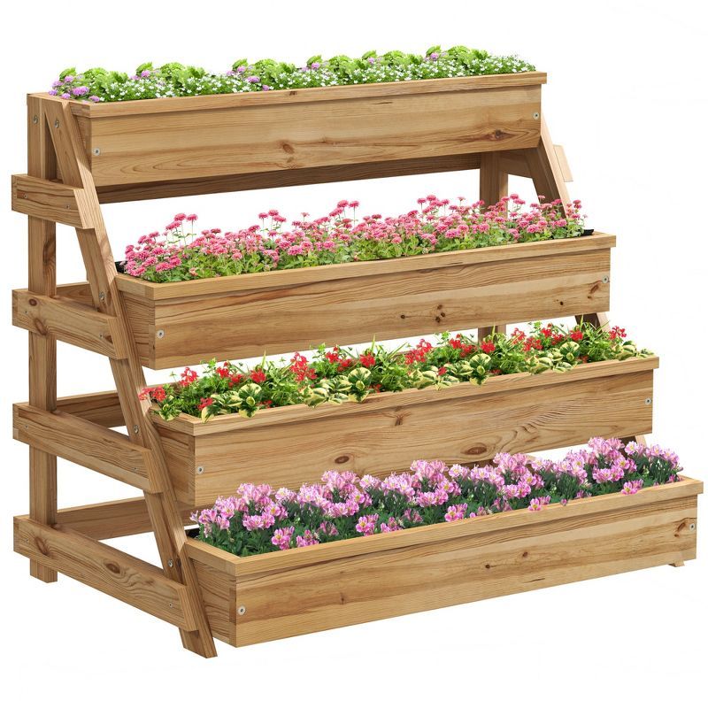 Natural Fir Wood 4-Tier Freestanding Outdoor Planter Box