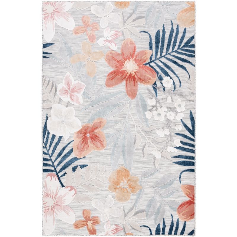 Grey and Rust Floral Washable Synthetic Area Rug