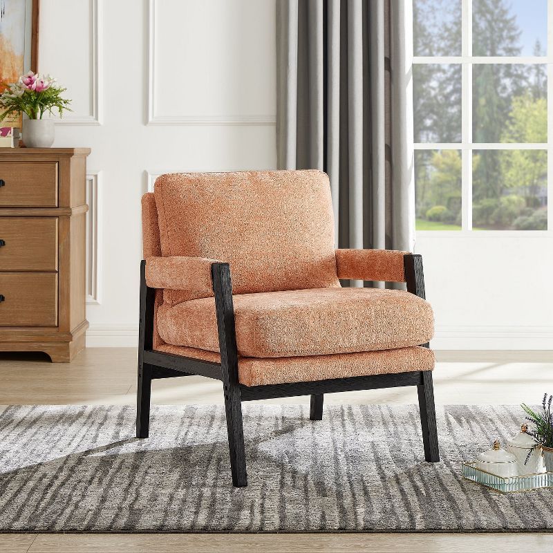 Orange Velvet Mid-Century Modern Accent Armchair with Wood Frame