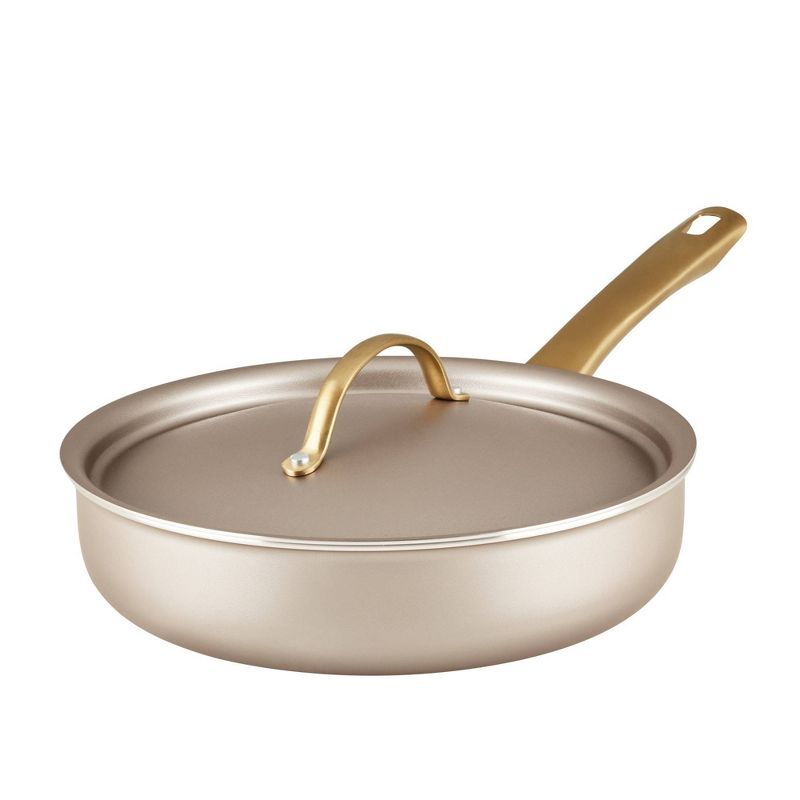 Champagne Nonstick Aluminum Saute Pan with Gold Handle and Lid