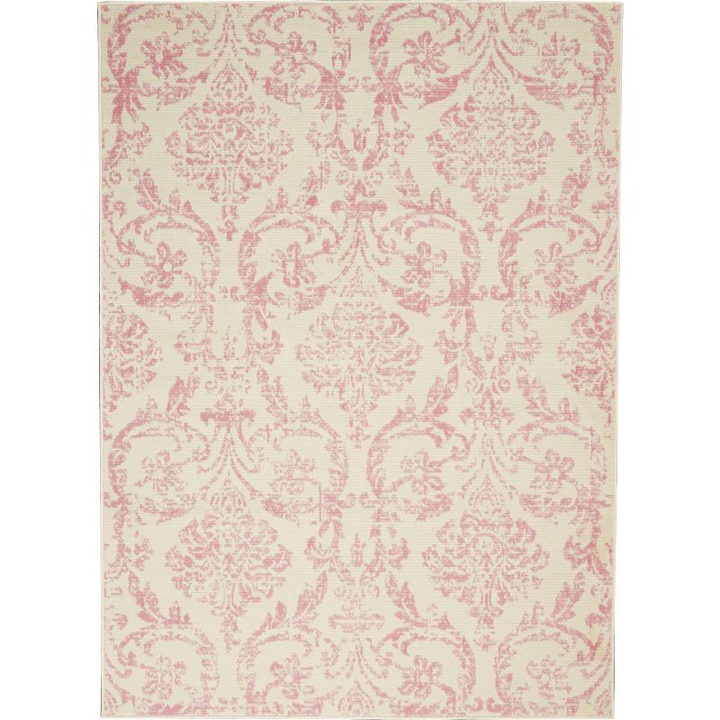 Ivory and Pink Vintage Damask Area Rug