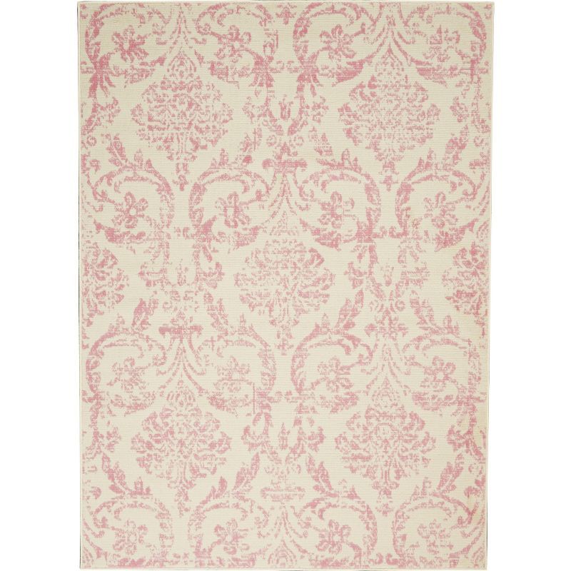 Ivory and Pink Vintage Damask Area Rug