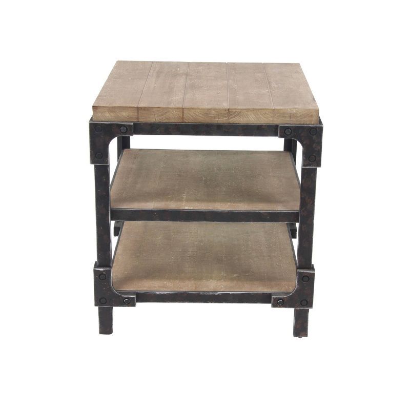 Industrial Brown Fir Wood and Metal 3-Tier Accent Table