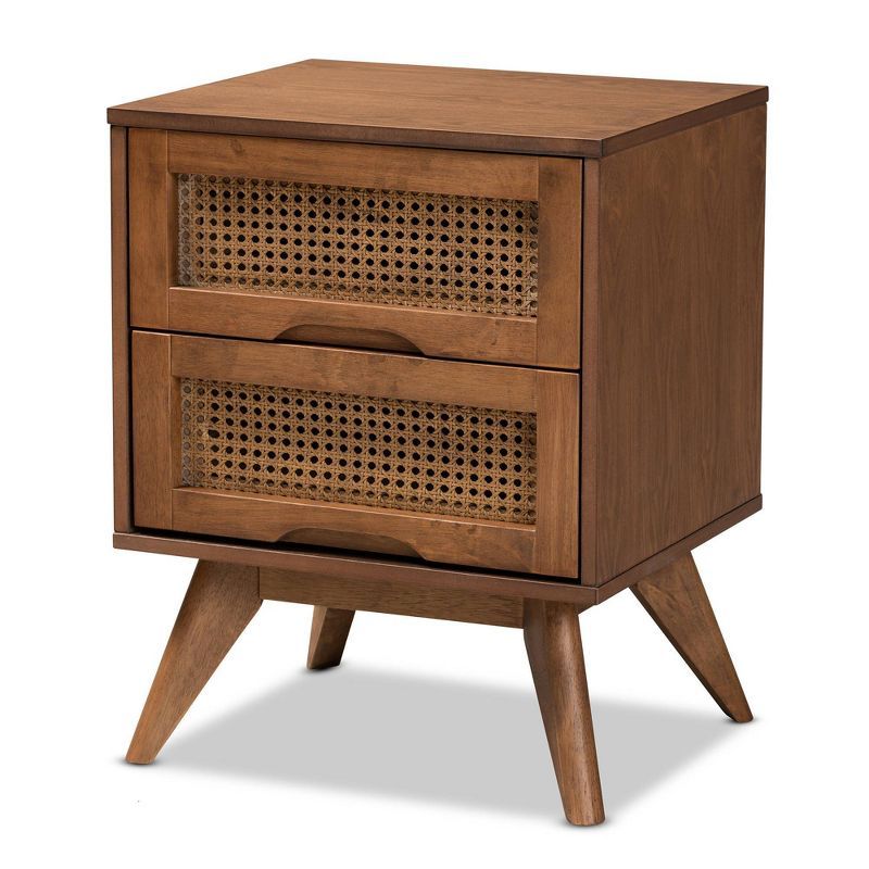 Walnut Brown Wood and Synthetic Rattan 2-Drawer Nightstand