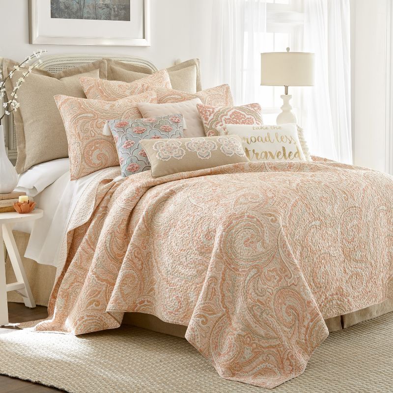 Coral and Tan Paisley Cotton Twin Quilt Set