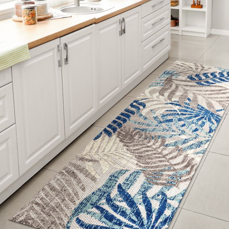 Gray and Blue Tropical Palm Leaves Synthetic Runner Rug