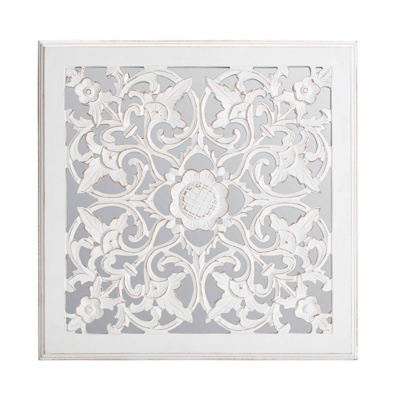 Maia White Carved Floral Medallion Square Wall Mirror