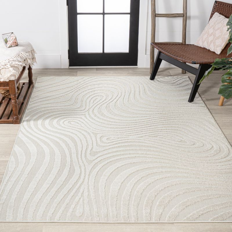 Cream and Ivory 8' x 10' High-Low Striped Synthetic Area Rug