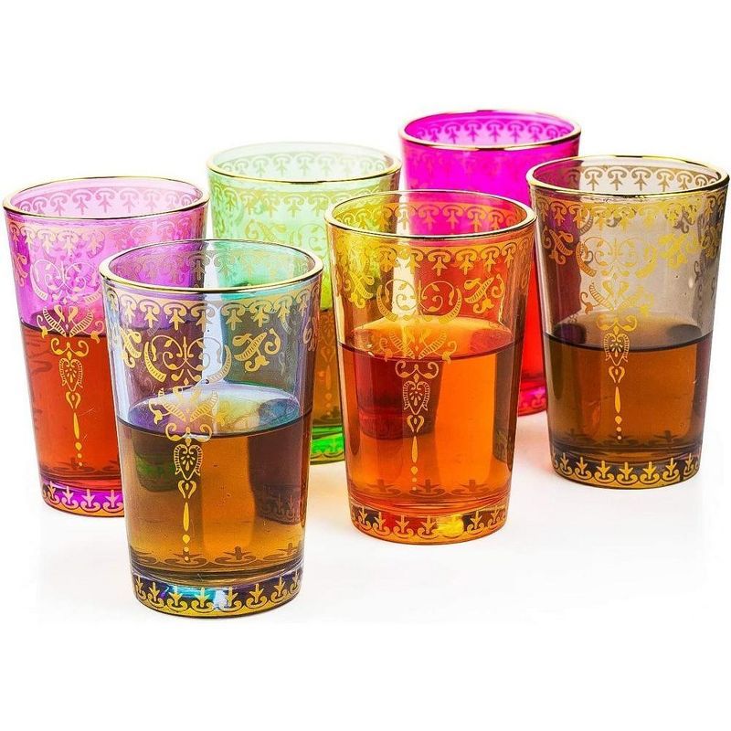 Handmade Moroccan Multicolor Glasses Set with Gold Accents - 6 Pack