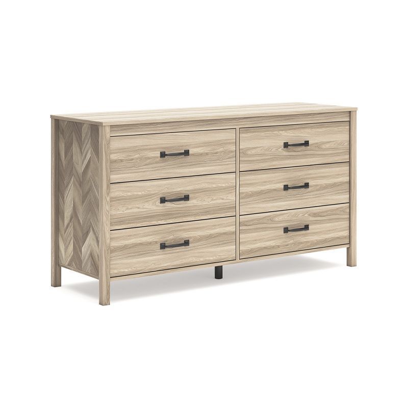 Beige Mid-Century Modern 6-Drawer Dresser with Chevron Pattern