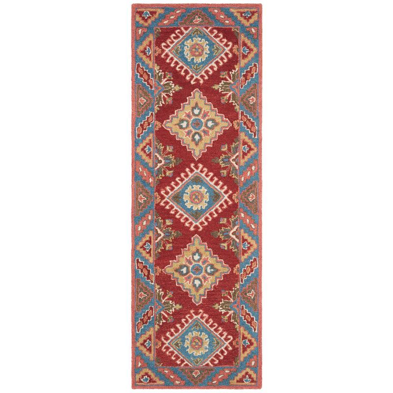 Rustic-Chic Red and Blue Geometric Wool Runner Rug - Handmade