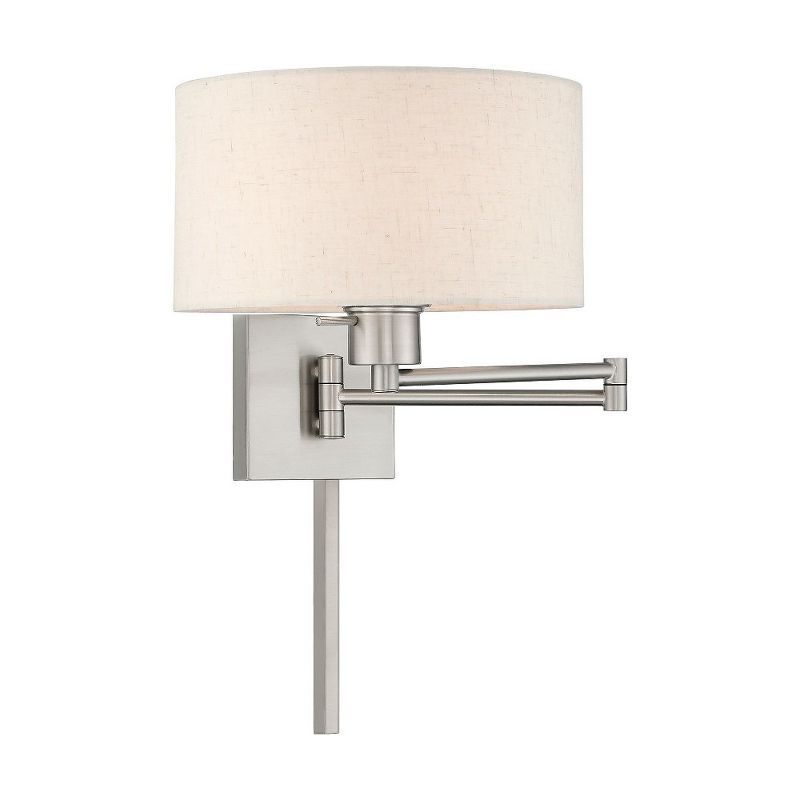 Elegant Brushed Nickel Swing Arm Wall Lamp with Oatmeal Fabric Shade