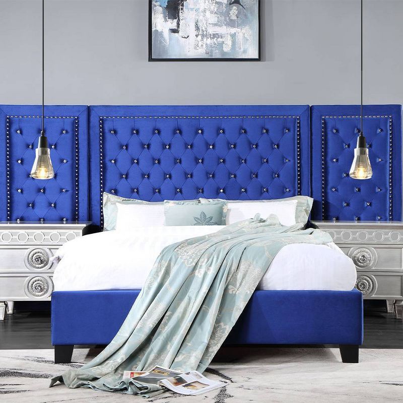 Damazy Blue Velvet Queen Bed with Tufted Headboard