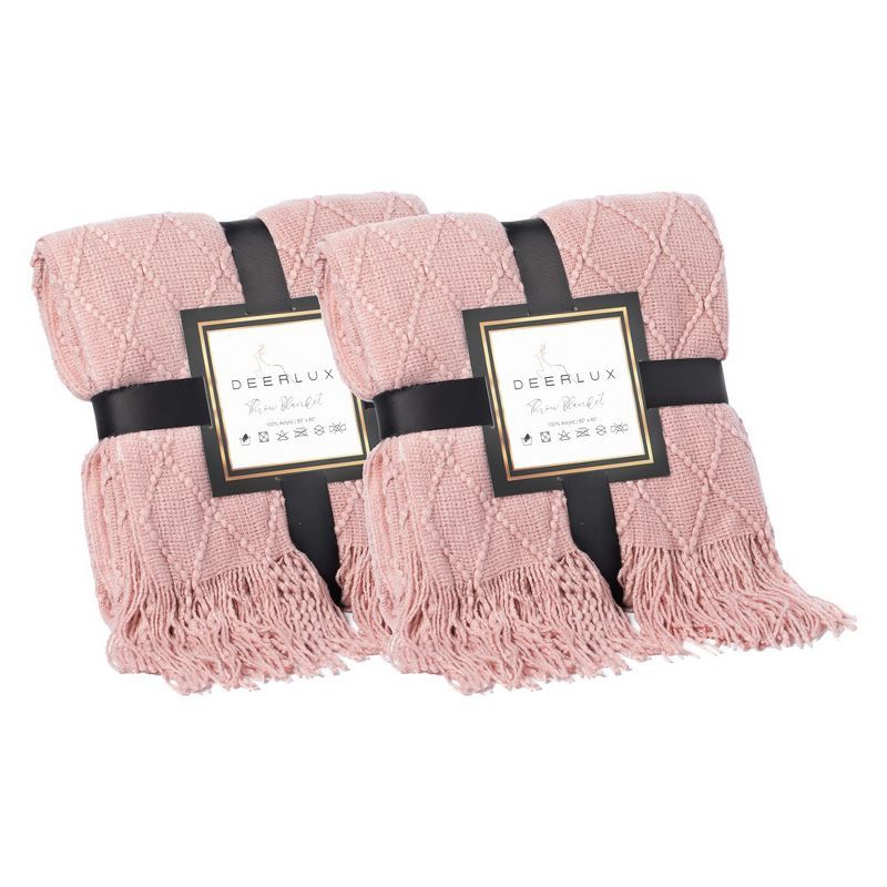 Pink Knitted Throw Blanket Set with Fringed Edges, 50x60 in