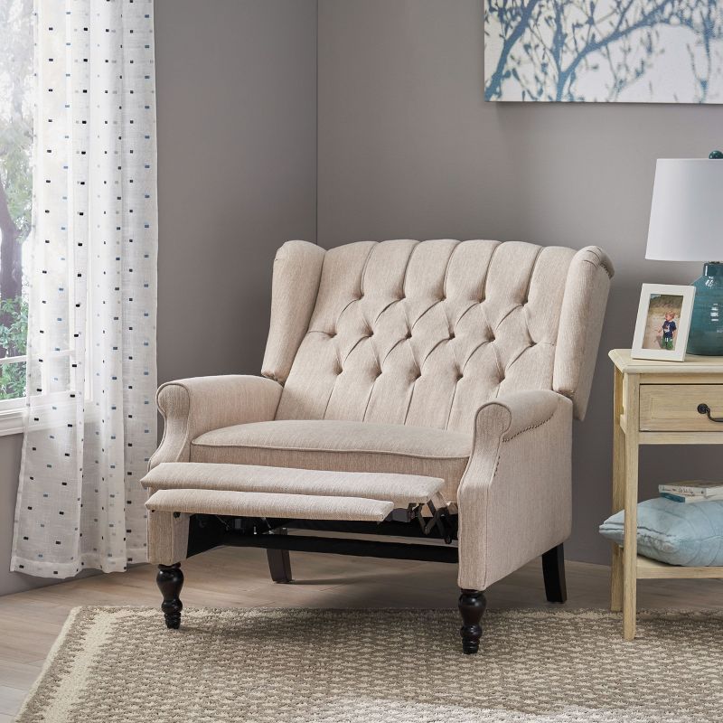 Beige Handcrafted Wood Oversized Tufted Recliner
