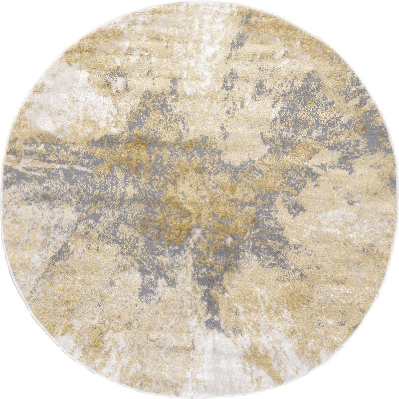 Gold and Gray Abstract Round Synthetic Area Rug, 5'