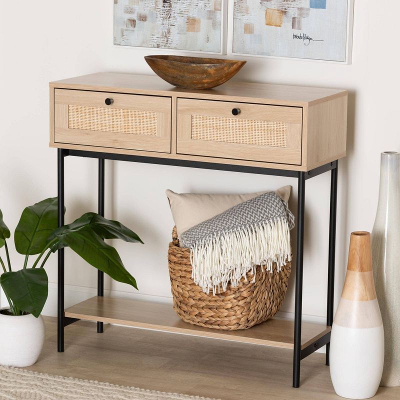 Sherwin Light Brown and Black 2-Drawer Console Table with Rattan Accent