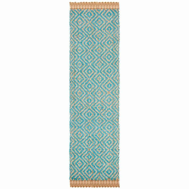 Turquoise and Natural Geometric Hand-Knotted Jute Runner Rug