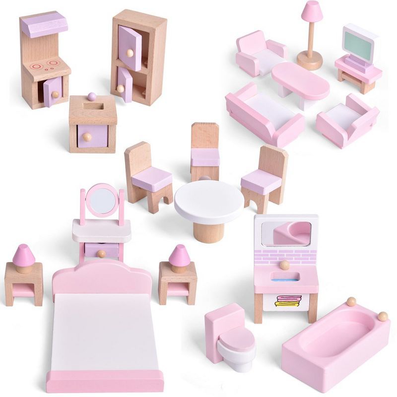 Pink Wooden 22-Piece Dollhouse Furniture Set