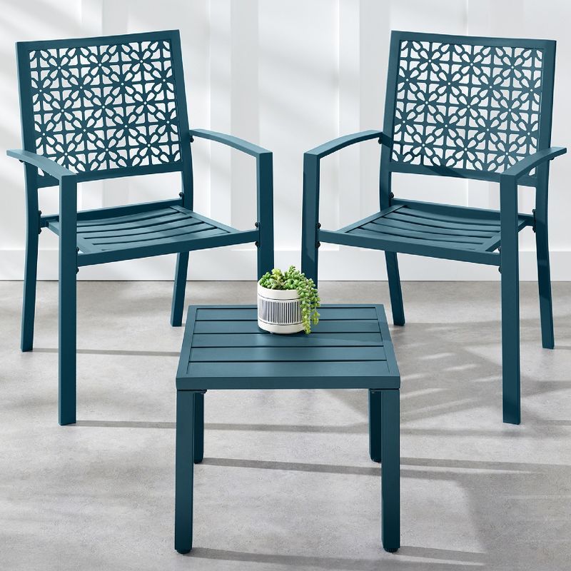 Peacock Blue 3-Piece Steel Patio Bistro Set with Armchairs and Table