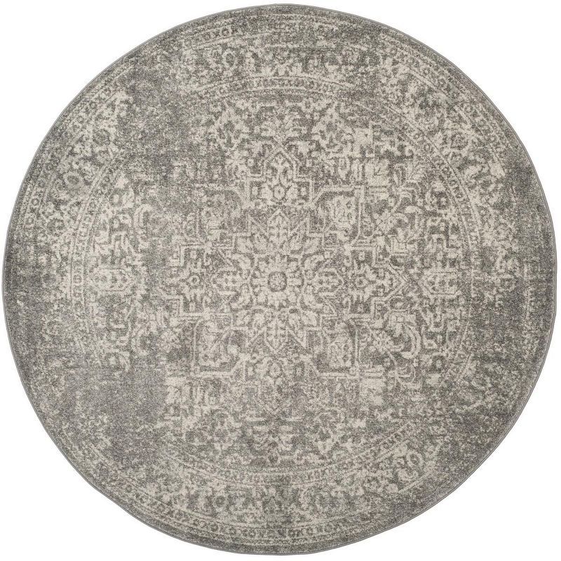 Silver and Ivory Round Synthetic Reversible Area Rug