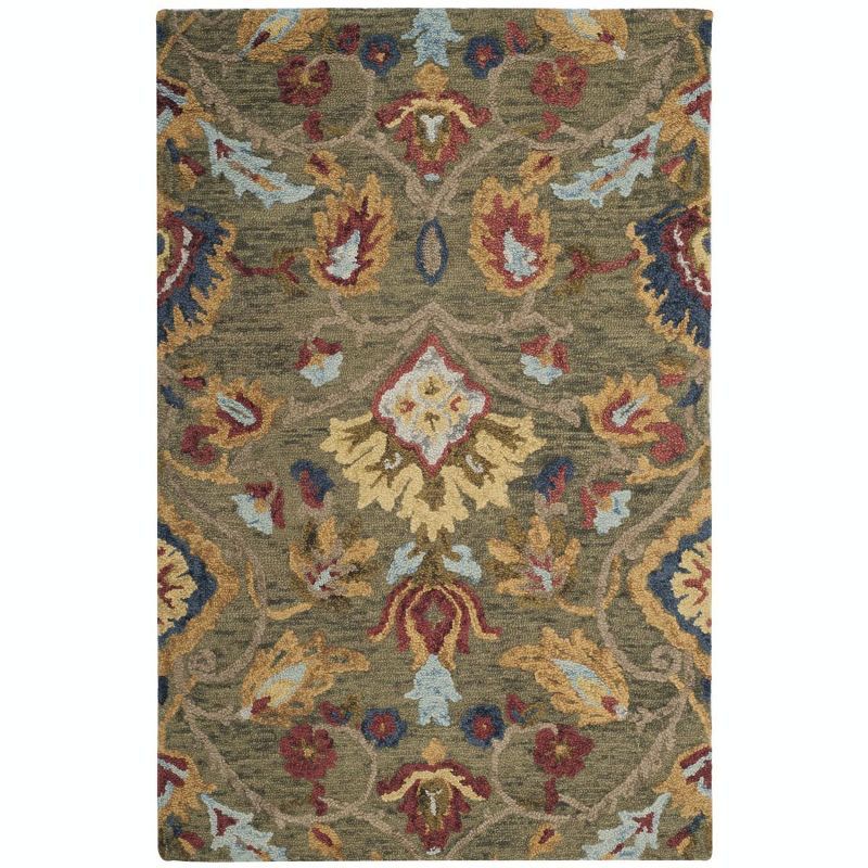 Green and Multicolor Floral Wool Tufted Area Rug