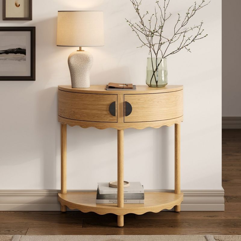 Natural Oak Half Moon Console Table with Storage