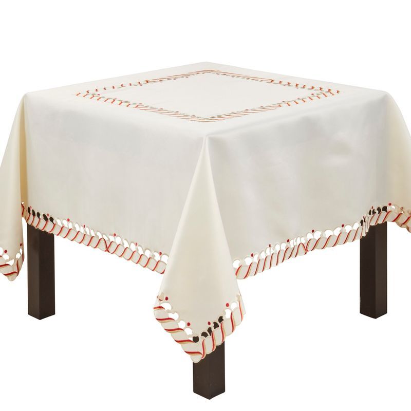 Ivory Candy Cane Border Christmas Fabric Tablecloth, 72"