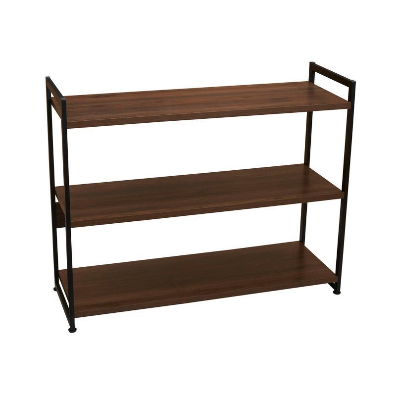 Mid-Century Walnut and Black Metal Adjustable 3-Shelf Bookshelf
