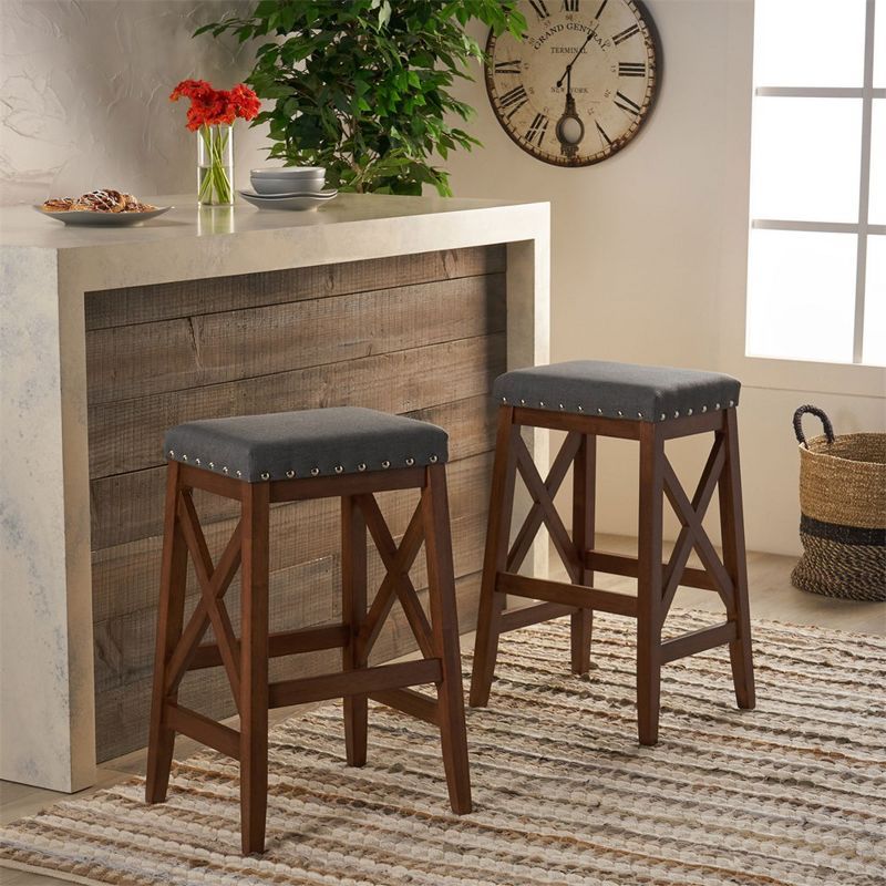 Gray Upholstered Saddle Seat Backless Bar Stools, Set of 2