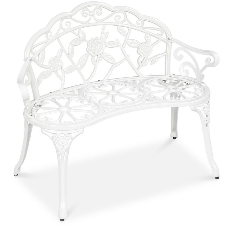 Elegant Antique-Style Rose Accented White Metal Garden Bench