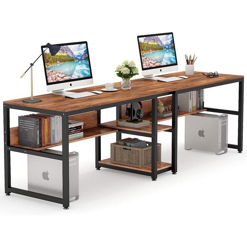 78.7" Brown Wood Double Desk with Open Storage Shelf