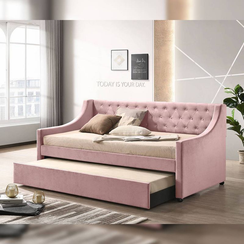 Lianna Pink Velvet Twin Daybed with Trundle