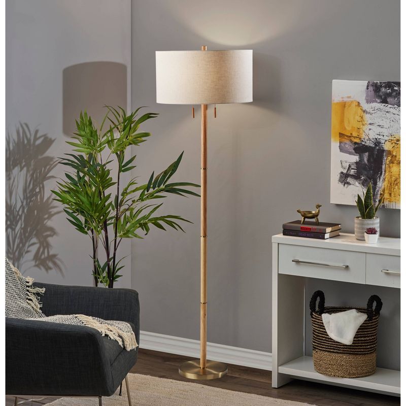 Streamlined Natural Rubberwood Floor Lamp with Antique Brass Accents