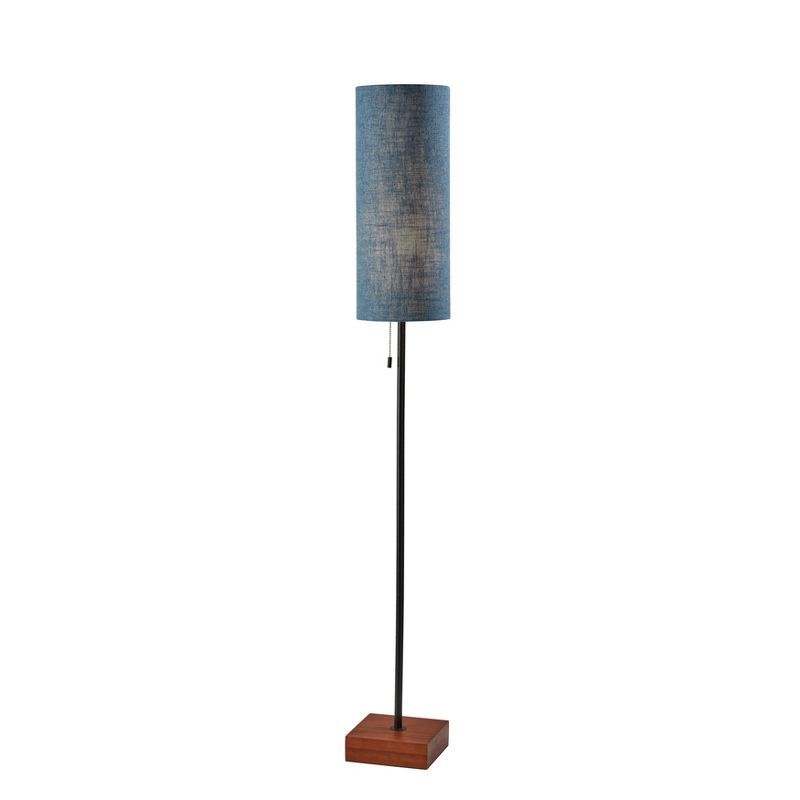 Walnut and Textured Blue Modern Floor Lamp with Fabric Shade