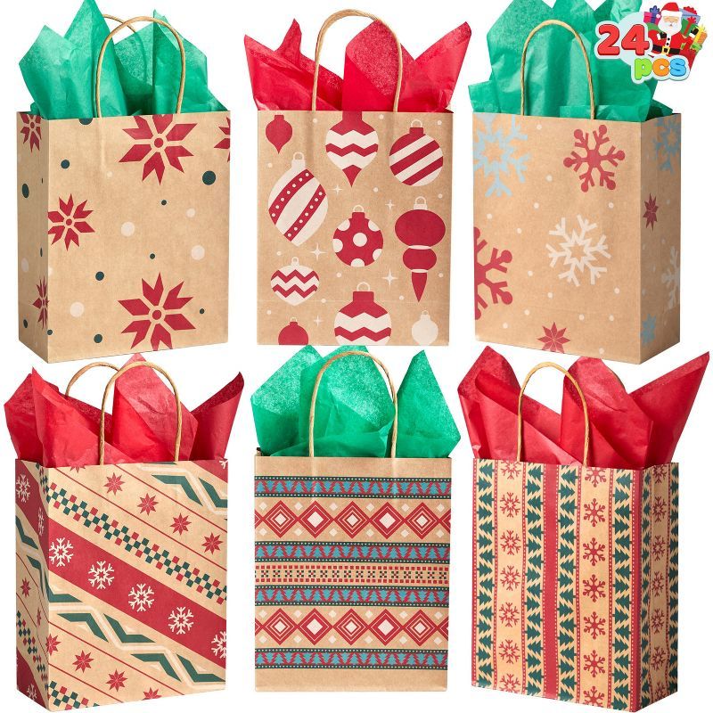 Assorted Kraft Christmas Gift Bags with Festive Designs, 24-Pack