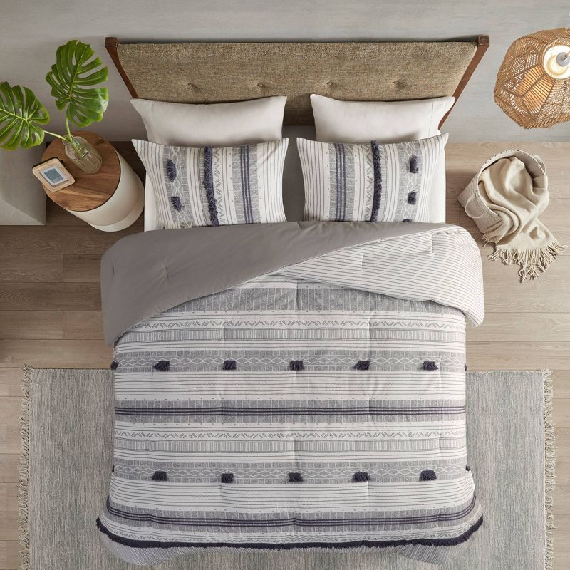 Gray and Navy Queen Cotton Comforter Set with Pom Accents